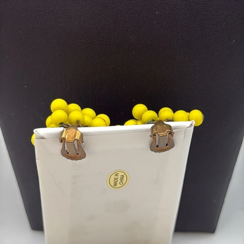 Vintage bright cheery yellow cha cha beaded clip on statement bold fun earrings